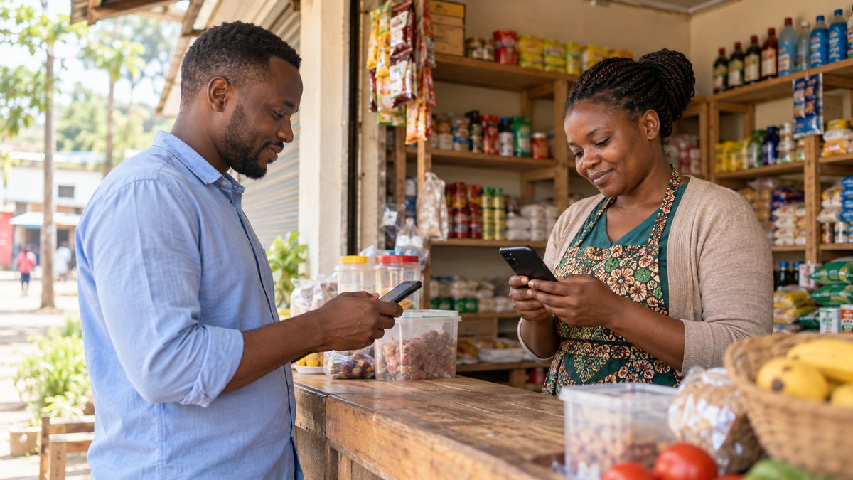 Customer paying a shopkeeper with a mobile wallet at a neighbourhood shop