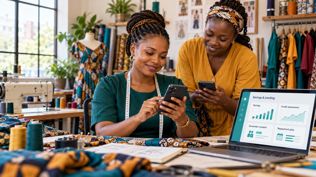 Small business owners checking savings and loan options on their phones in a tailoring studio