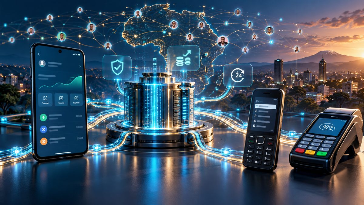 Smartphone, feature phone and agent card terminal connected to a central core banking platform