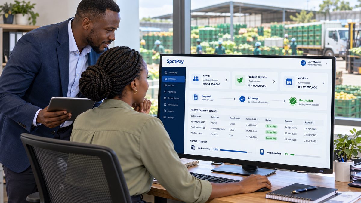 Payments officer reviewing payroll, produce payout and vendor batches on the SpotPay dashboard