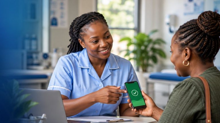 Health worker showing a patient a confirmed mobile money payment at a clinic